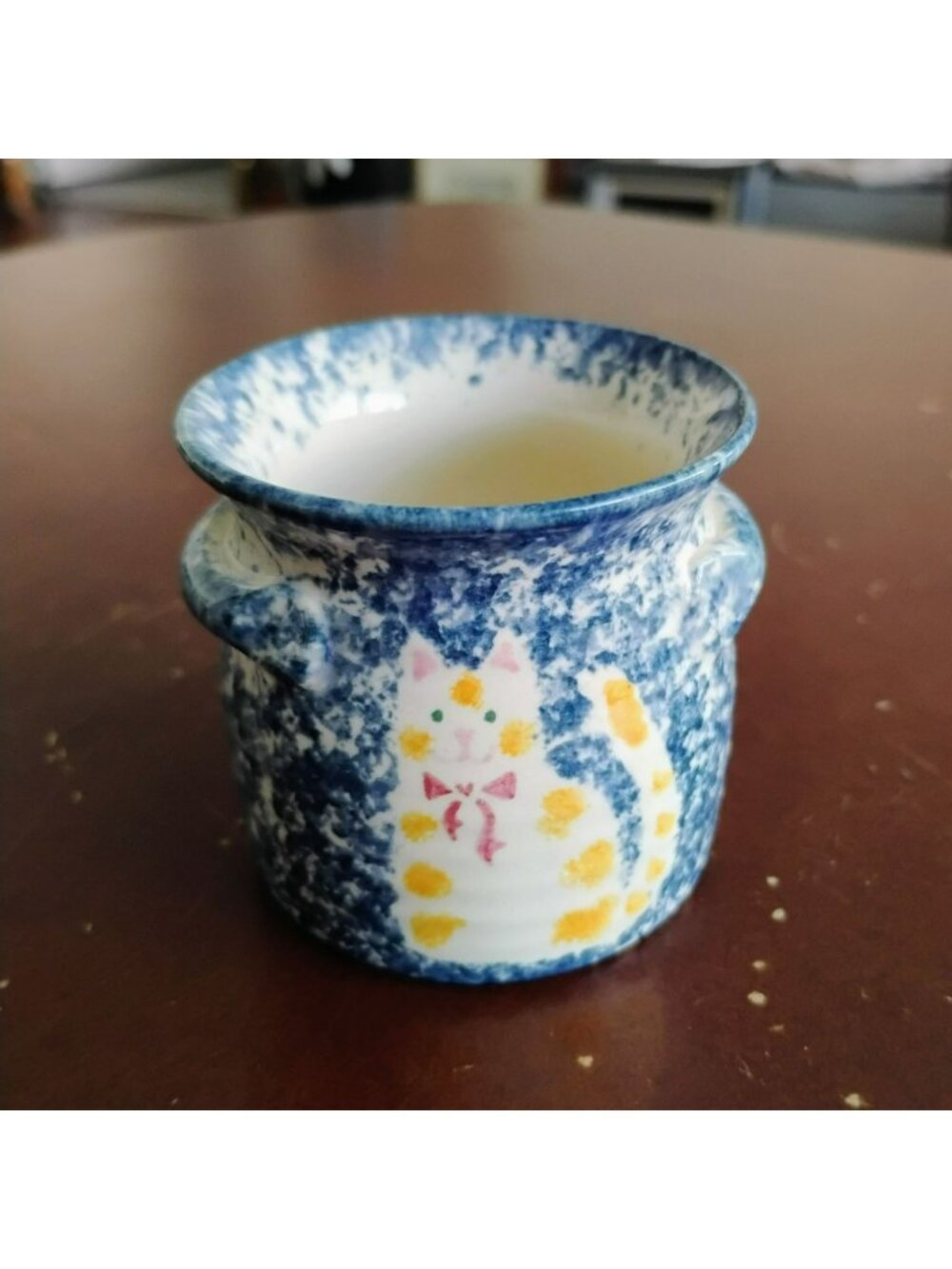 Hand-Painted Miniature Ceramic Cat Vase Planter Blue Spatterware Yellow Kitty 2"
